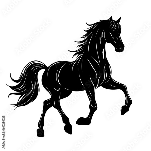 Prancing black horse in motion showcasing strength and elegance in natural movement