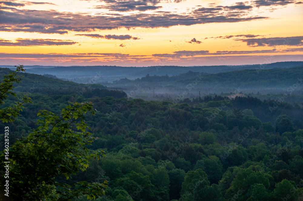 Fototapeta premium A colourful twilight over a rural foggy forest with rolling hills during the summer.