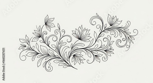 Intricate black and white floral swirls and leaves design on a light cream background