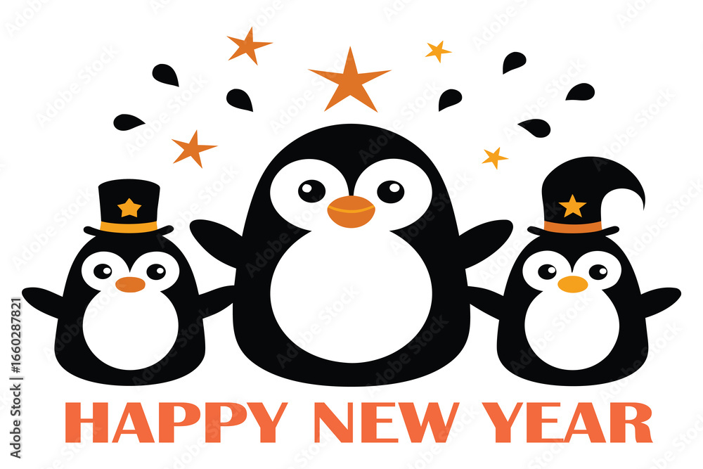 Fototapeta premium Happy New Year Cute Cartoon Vector of Penguin Family with Party Hats and Fireworks Celebration on White Background.