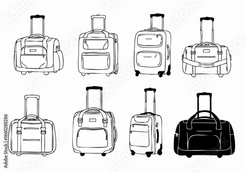 Diverse collection of line art travel luggage and duffel bags with wheels and handles, perfect for vacation, trip, and airport journey concepts, isolated vector illustration