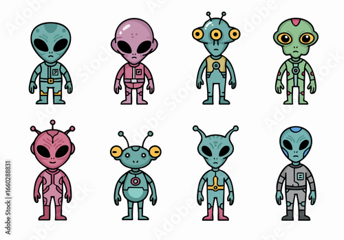 Collection of diverse friendly extraterrestrial cartoon characters. A set of eight cute aliens in various shapes and colors, isolated on white.