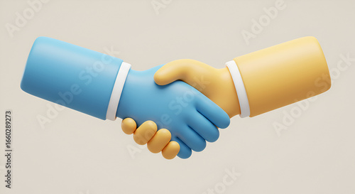 Cartoon 3D Handshake with Blue and Yellow Sleeves for Agreement and Partnership