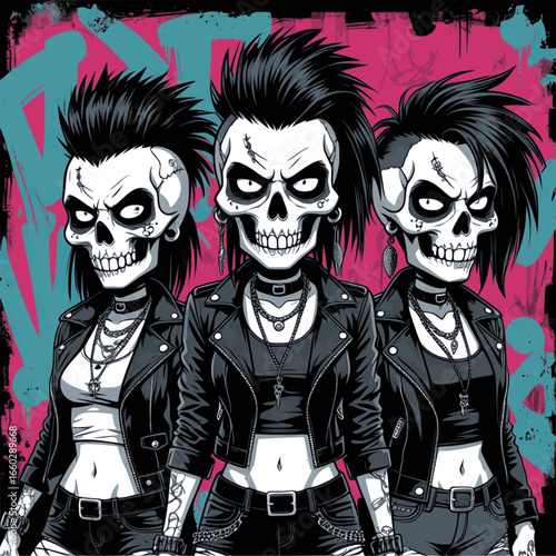 Edgy zombie punk character illustration with mohawk hairstyle, queer alternative fashion, leather jacket, and graffiti background, perfect for streetwear t-shirt design, album cover, comic art, tattoo
