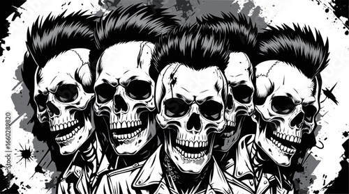 Edgy punk skull illustration in black and white with rockabilly hairstyle, perfect for t-shirt design, tattoo art, album cover, streetwear branding, and gothic poster graphics