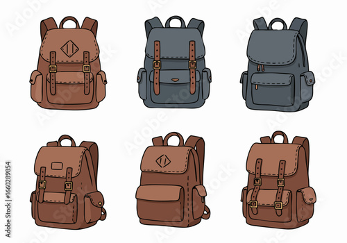 Collection of Six Vintage Style Backpacks: Hand-Drawn Brown and Grey Rucksacks with Buckles for Travel, School, or Adventure.
