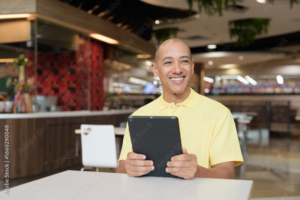 Fototapeta premium Middle-aged bald Hispanic man using tablet computer while dining at food court restaurant