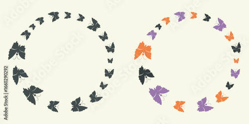 Butterfly circle frame set, hand drawn icon, black colour, Halloween color palette, flat design. kid cartoon style, vector illustration for web card, poster, white background