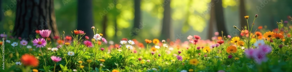 Obraz premium Sun-Dappled Wildflowers Carpet a Tranquil Forest Floor Vibrant Blooms and Lush Green Foliage in a Scene of Untamed Natural Beauty