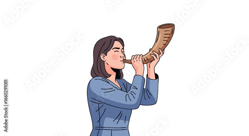 A cartoon illustration of a woman with dark hair blowing a traditional shofar horn.