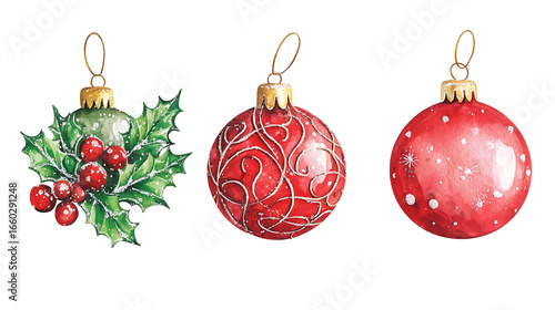 Bright watercolor clip art with Christmas decorations. Elegant red glass balls with traditional lace patterns, holly leaves with dew drops, gilded accents, velvet ribbons.