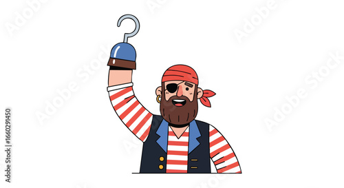 A cheerful cartoon pirate with a beard eyepatch and hook hand waving.