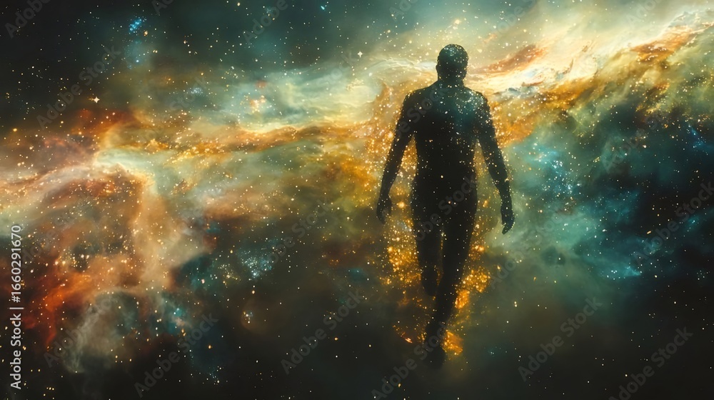 Obraz premium 宇宙空間に浮かぶ人影と星雲の輝き 幻想的な光景のデジタルアート