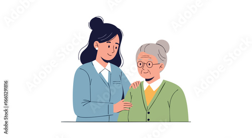 A compassionate young caregiver supporting an elderly woman in a flat vector illustration.