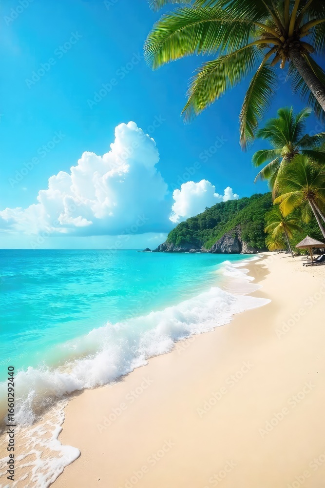 Fototapeta premium Idyllic Beach Scene Turquoise Waves Gently Lap the Shore Under a Sunny Sky