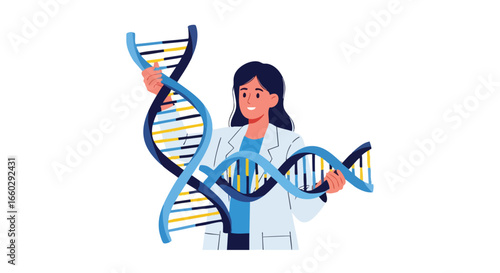 A female scientist in a white lab coat smiling while holding a large DNA double helix model.