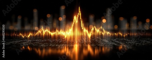 A dynamic, golden visualization of sound waves or data, set against a blurred, dark background with hints of illuminated forms