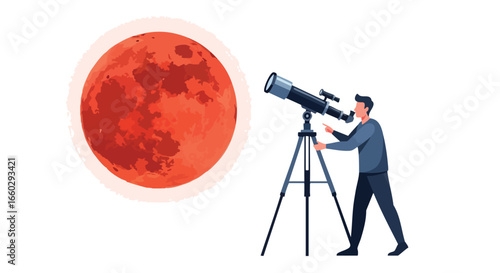 A man with a telescope on a tripod observing the large red blood moon a lunar eclipse illustration.