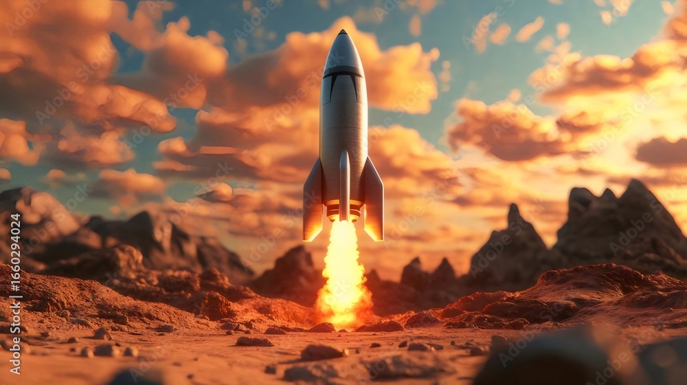 Fototapeta premium ロケット打ち上げ 夕焼け空 火炎と岩山 風景画 成功のイメージ