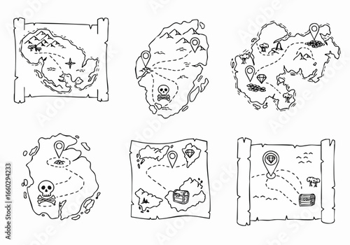 Set of Hand-drawn Black and White Pirate Treasure Maps with Islands, Skulls, Chests, and X Marks the Spot