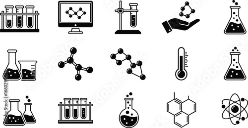 Chemistry icons, lab tools, molecular structure, scientific symbols, test tubes, beakers, atom model, research equipment, vector science, education design