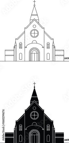 Church icons, religious architecture, cathedral vector, steeple design, black and white, minimal style, cross symbol, graphic building, faith illustration, outline art