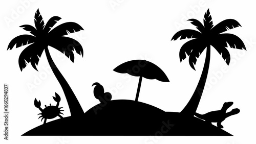 Silhouette of a tropical island with palm trees crab turtle bird and beach umbrella in black and white