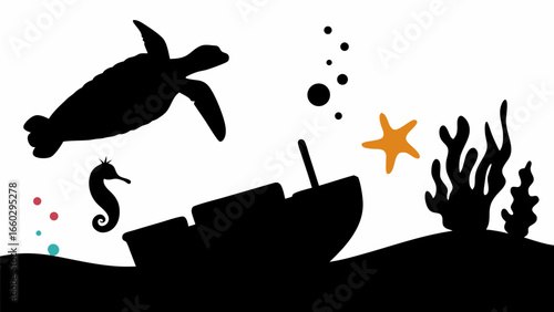 Silhouette of sea turtle, seahorse, shipwreck, starfish, and coral reef in an underwater scene drawing
