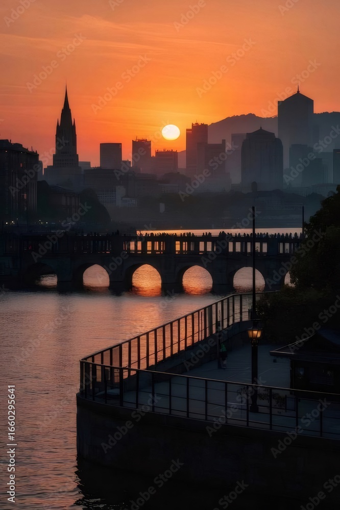 Naklejka premium オレンジ色の夕焼け空と川沿いの橋と都市シルエットの風景