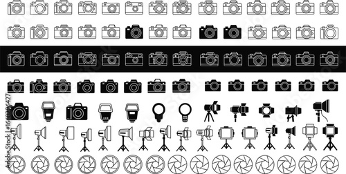 Photography equipment icon set, camera symbols, studio lights, aperture graphics, flash icons, lens illustrations, vector design, black and white tools