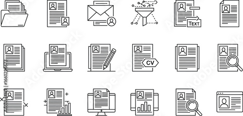 resume and job application icons set, CV symbols, employment documents, recruitment process, candidate review, hiring tools, vector design, black and white