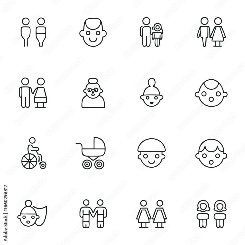 Naklejka premium Diverse collection of simple line art icons representing people and family life.