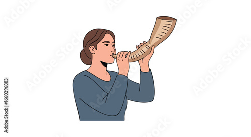 A woman with brown hair in a bun blowing into a traditional shofar a Jewish rams horn for a religious holiday.