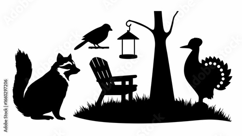 Silhouette of a raccoon, bird, turkey, chair, bird feeder, and tree on a grassy landscape design