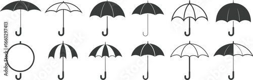 umbrella icons set, rain protection symbol, weather safety gear, parasol designs, storm shelter, waterproof canopy, vector outline, shading styles, black and white