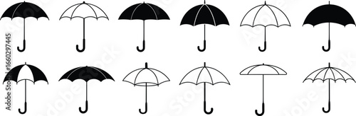 umbrella icons set, rain protection symbols, weather safety, storm gear, waterproof canopy, parasol designs, vector outline and filled, black and white