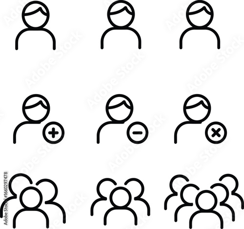 user management icons set, add remove block user symbols, group profile vector, account settings, team collaboration, business contact, outline, black and white