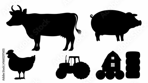 Black silhouette of farm animals including a cow pig chicken and tractor with a barn and hay bales nearby