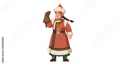 A young Mongolian woman in a traditional red deel fur hat and an eagle hunters glove.