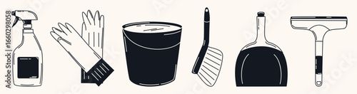 Doodle style collection of essential cleaning items. Gloves, spray bottle, bucket, brush, dustpan, and squeegee. Great for housekeeping, hygiene, and cleaning themed designs.