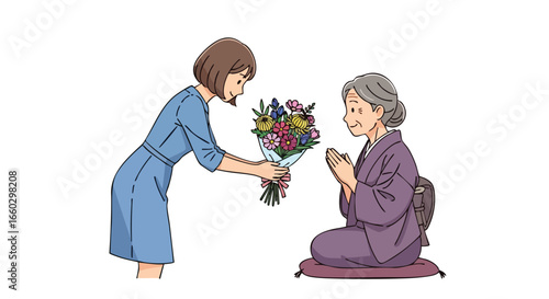 A young woman gives a colorful flower bouquet to an elderly woman in a traditional purple kimono.