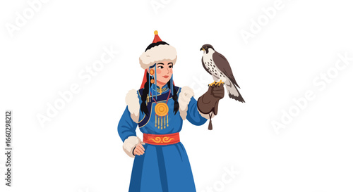 A young Mongolian woman in traditional blue deel and fur hat holding a falcon on her gloved hand.
