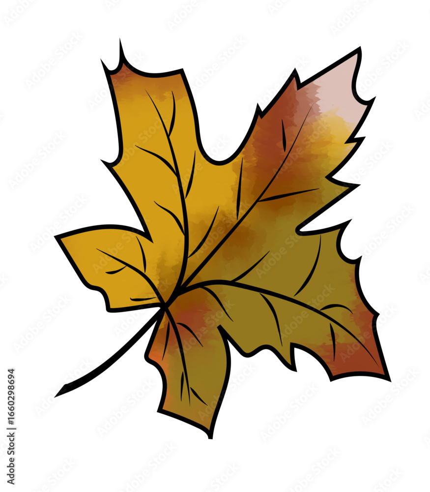 Obraz premium Hand drawn Seasonal fall leaf design with warm earthy colors. Illustrated autumn maple leaf in watercolor style with warm orange brown and yellow shades isolated on white background 