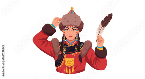 Beautiful woman in traditional Mongolian attire with a fur hat holding a feather quill.