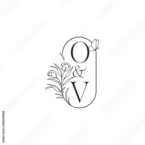 caligraphic style monogram luxury minimalist logo design OV wedding initial concept alphabet letter