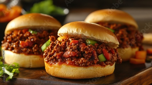 Savory sloppy joe sandwiches with ground beef and vegetables on wood board