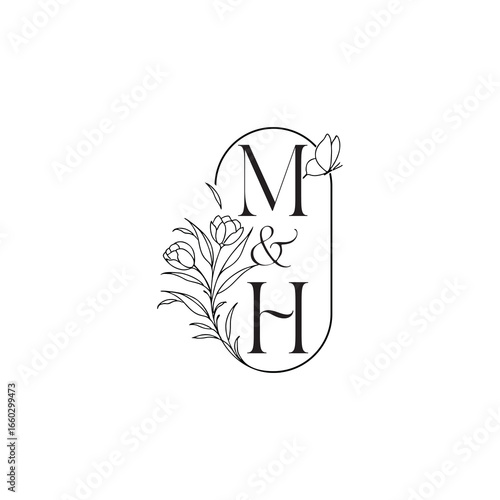 caligraphic style monogram luxury minimalist logo design MH wedding initial concept alphabet letter