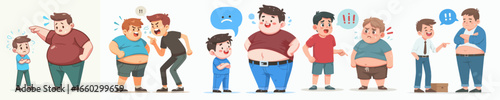 Cartoon Drawing Overweight Man Arguing with Other People Diverse Scene Illustration
