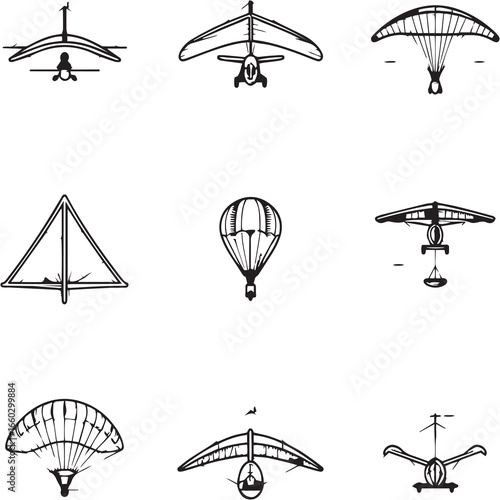 Hang Glider black Line Editable Icons set