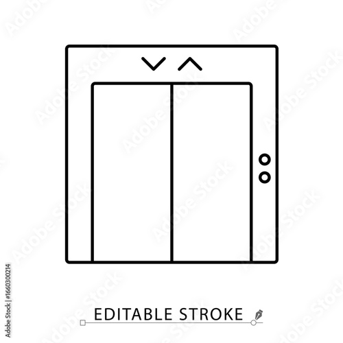 Elevator line icon with editable stroke. Vector outline of lift doors with arrows. Minimalist symbol for hotel, building, transportation, service, accessibility and travel design.